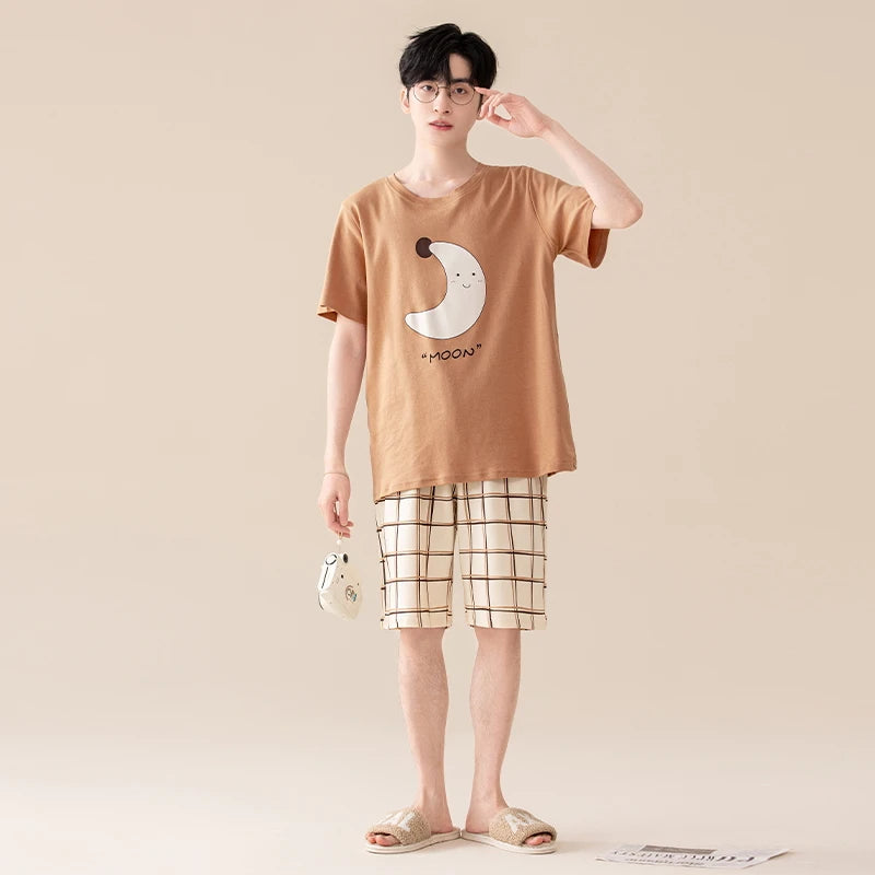 Couple Pajamas Set Summer Short-Sleeved Sleepwear 100% Cotton Men and Women Pyjamas