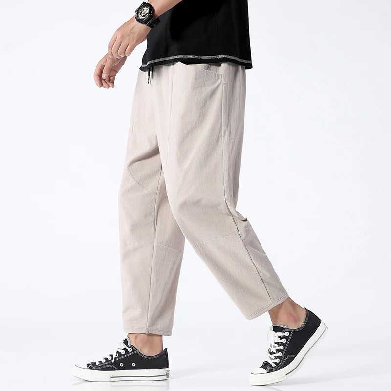 100% Cotton Men's Summer Casual Loose Pants Trendy Japanese Style Cropped Pants for plus Size Men up to 5XL