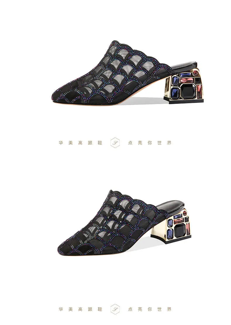 Crystal Half Slippers Female Thick Heels 2023 New Summer Fashion Outside Wear Medium Heel Mesh Cool Female Soft Baotou Sandals