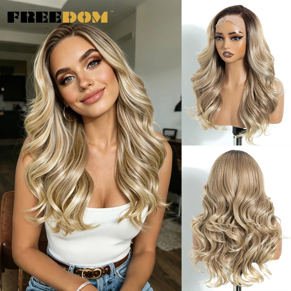 FREEDOM Synthetic Lace Front Wigs For Black Women 13x4 Free Part Body Wave Lace Wig 20 Inch Ombre Brown Highlight Cosplay Wigs