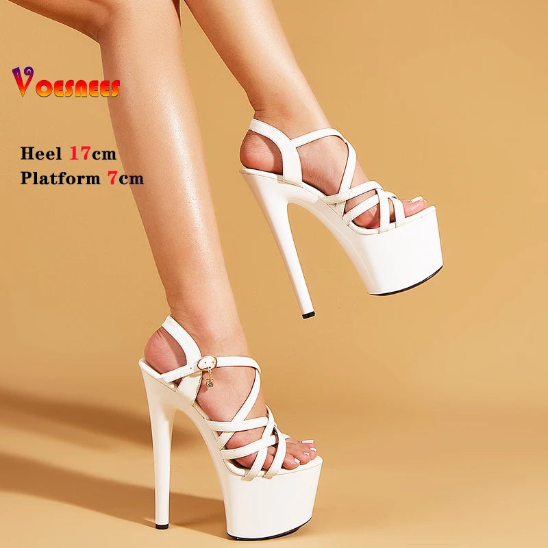 2024 Summer 17CM Thin Heels Women Sandals Pole Dance on T Platform Apricot Color Heels Sexy Fetish Ultra High Heels Party Shoes