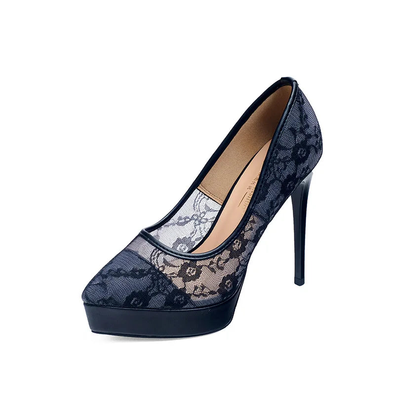 Fashion Roman Pumps 12Cm Black Platform High Heels Mesh Breathable Sexy Shallow Mouth Pointed Single Shoes Small Size 32 33