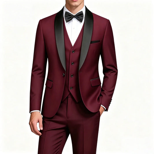 ( Jacket + Vest + Pants ) Men's 3 Piece Tuxedo Suit Set, Beige Blazer with Black Shawl Lapel for Wedding, Groom, Formal Party