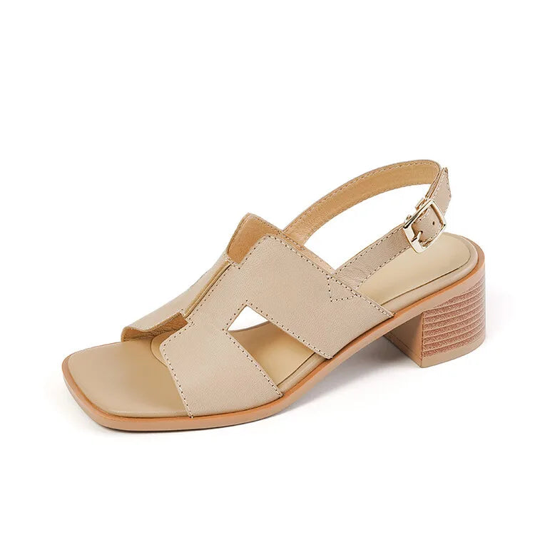 2025 Summer Women Shoes Square Toe Chunky Heel Women Sandals High Heels Ladies Shoes Casual Leather Shoes Women Genuine Leather