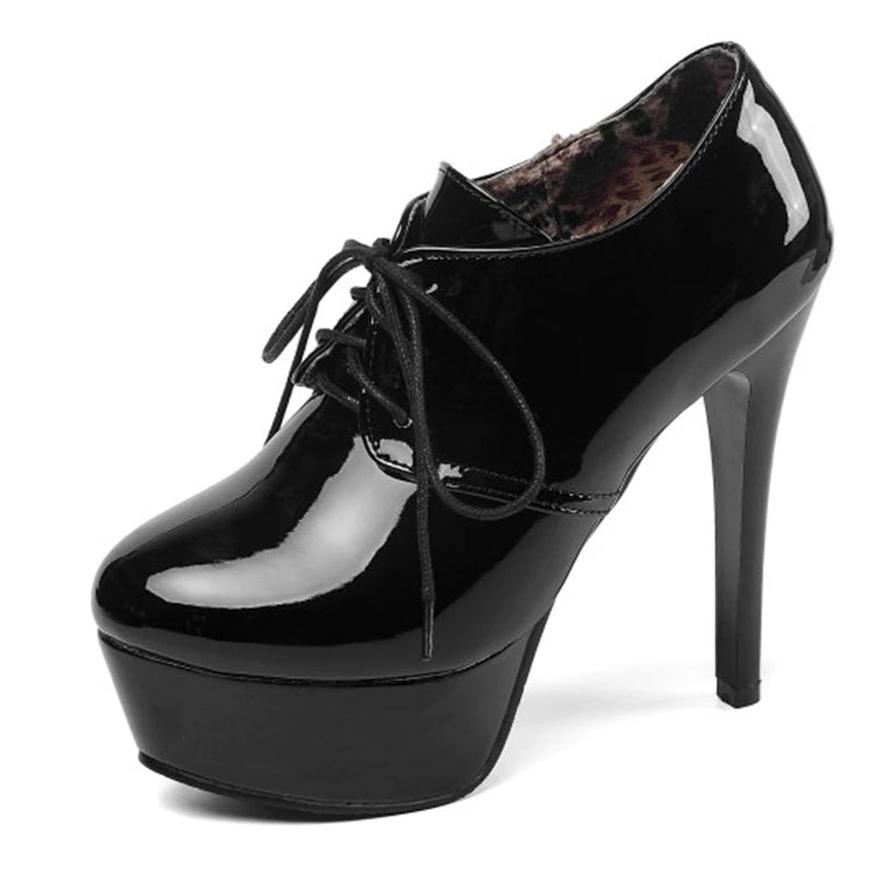 REAVE CAT Pumps Round Toe 13cm Thin high Heels Patent Leather Lace up Cross-tied Platforms 33-45 A2874