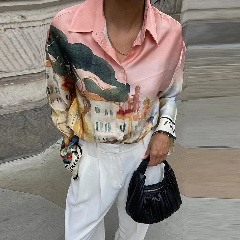 Floral Print Women Two Piece Set With Turn Down Collar Summer Casual Suit