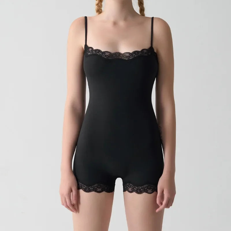 Square Neck Spaghetti Strap Bodysuits Lace Trim Women Sleeveless Slimming Bodycon Jumpsuit Romper