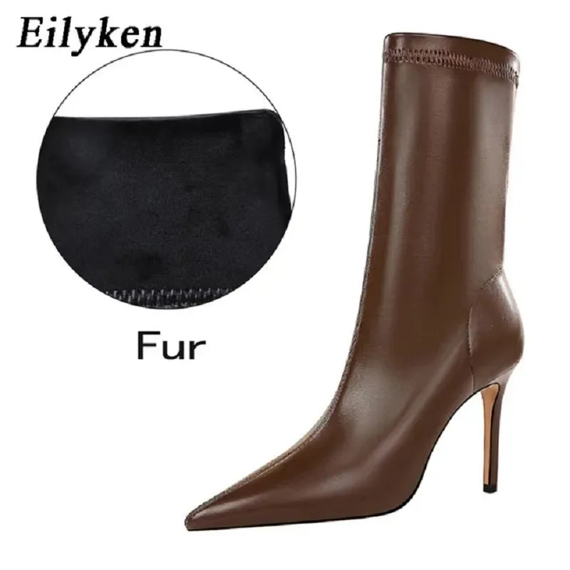 Eilyken Fashion Winter High Quality Soft PU Leather Socks Women Ankle Boots Street Style Pointed Toe Thin Heels Ladies Botines