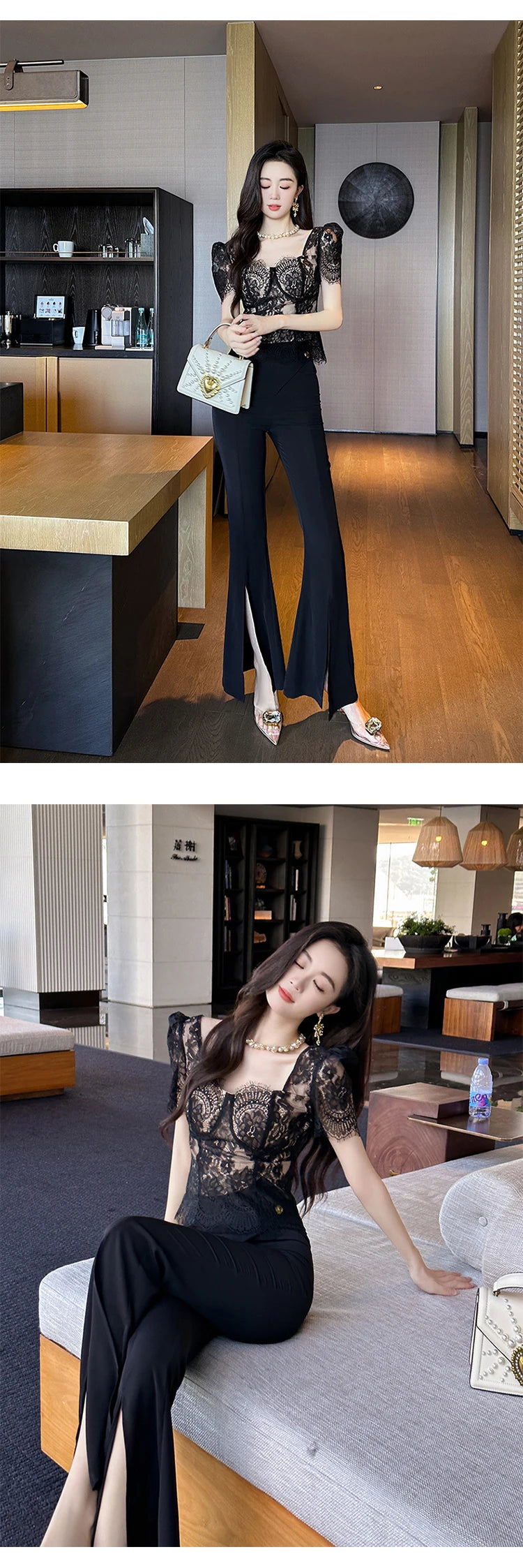 French Fashion Elegant Black Blouse Hook Floral See Through Women Tops Outfits Sheer Lace Sexy T-Shirts Tees Party Sweet Clothes
