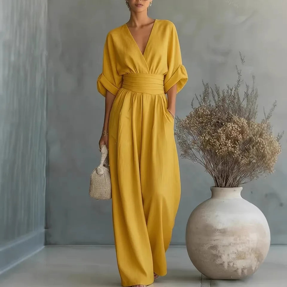 Elegant Solid Jumpsuits Women Shrot Sleeve V Neck Jumpsuit Trousers Wide Leg Pants Rompers Loose Style Belted Leotard Overalls