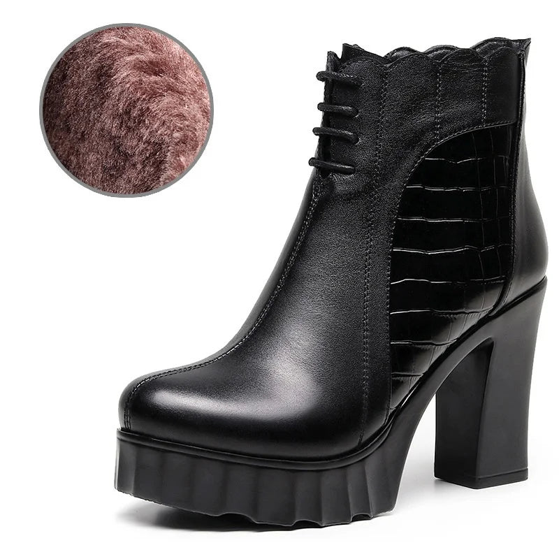 10cm Small Size 32-43 Elegant Fashion Soft Leather Boots Women Platform Shoes 2025 Winter Block High Heels Ankle Boots Office
