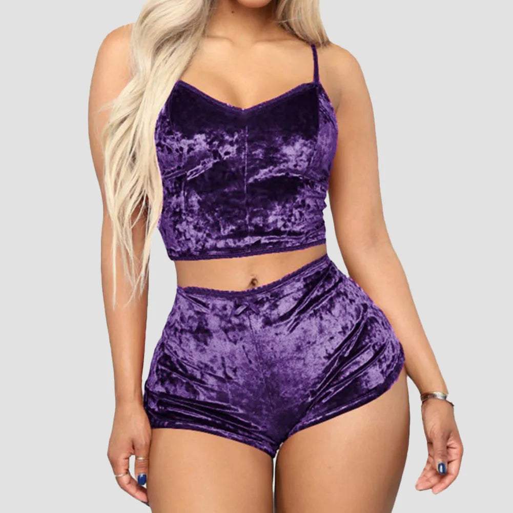 Women Sexy Pajama Set Solid Color V-neck Sleeveless Sexy Underwear Woman Solid Comfortable 2 Piece Lingerie Sleepwear Fashion