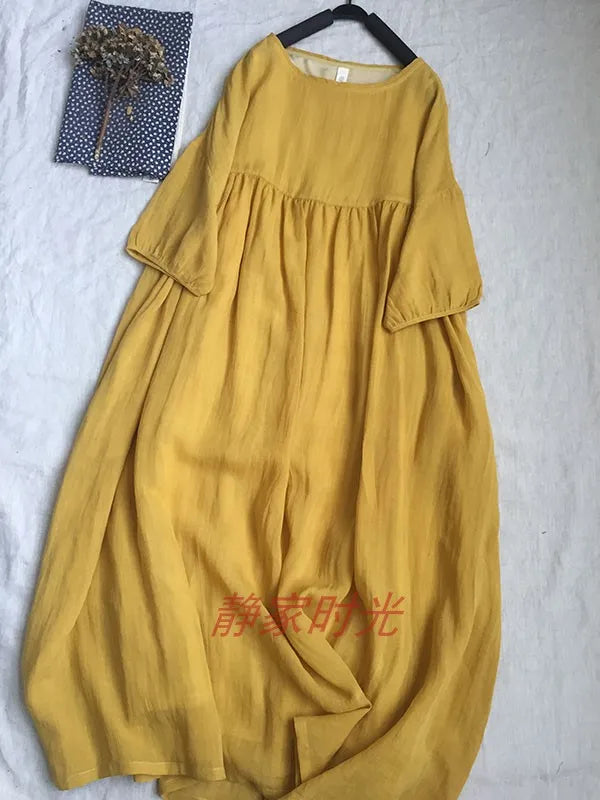 2024 Women Summer Cotton And Linen Pleated Double Layered Robe Casual Loose Half Sleeve Dress Ladies Holiday Clothes X1041