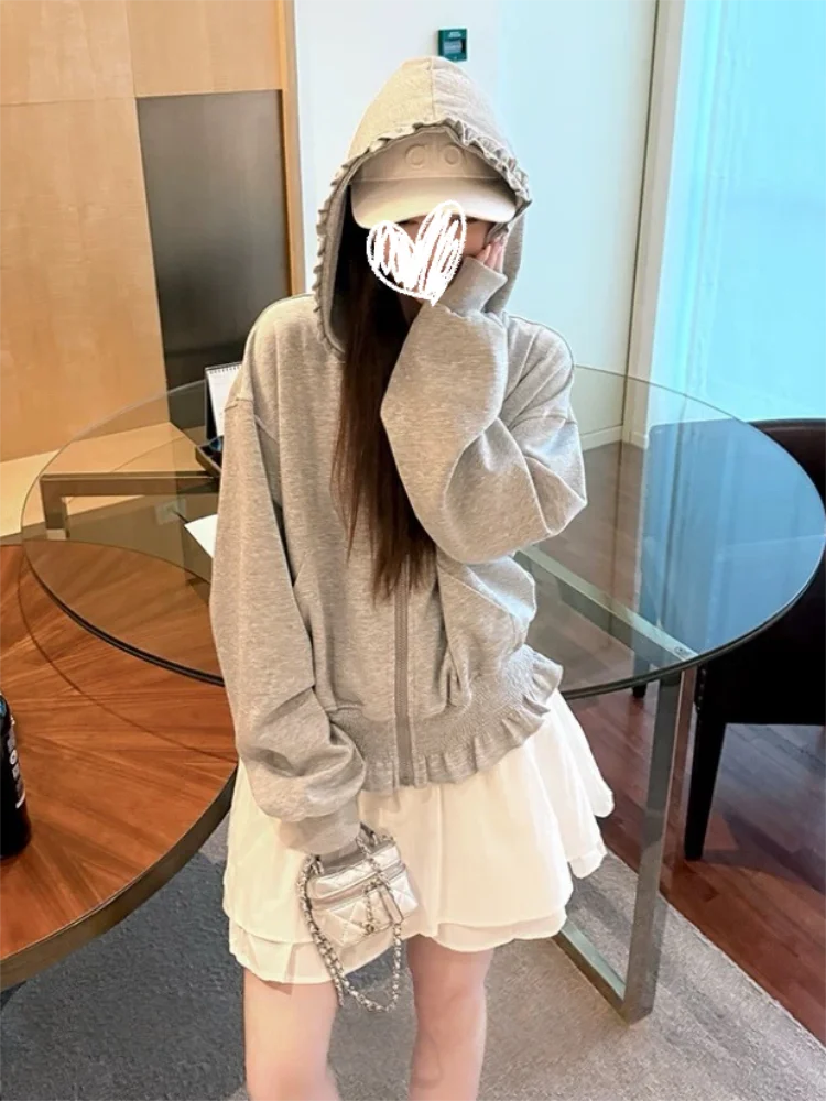 Korean Pink Zipper Hooded Sweatshirt for Women's Cute Outerwear Cardigan with Ruffle Edge Long Sleeved Top Loose Hoodie