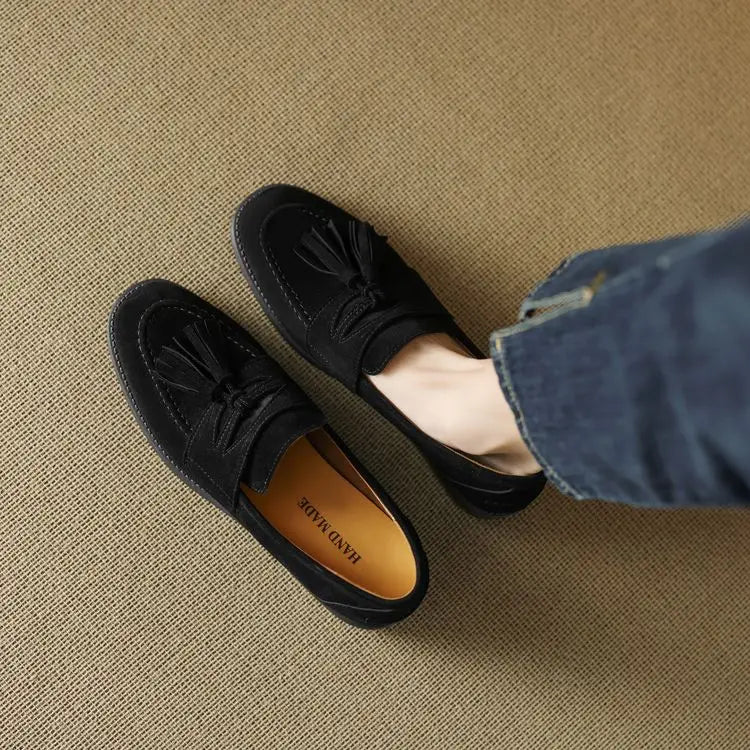 Women's loafers leather shoes Spring New Products Genuine leather sheepskin Nubuck Leather Black/Green/Orange Tassel decoration