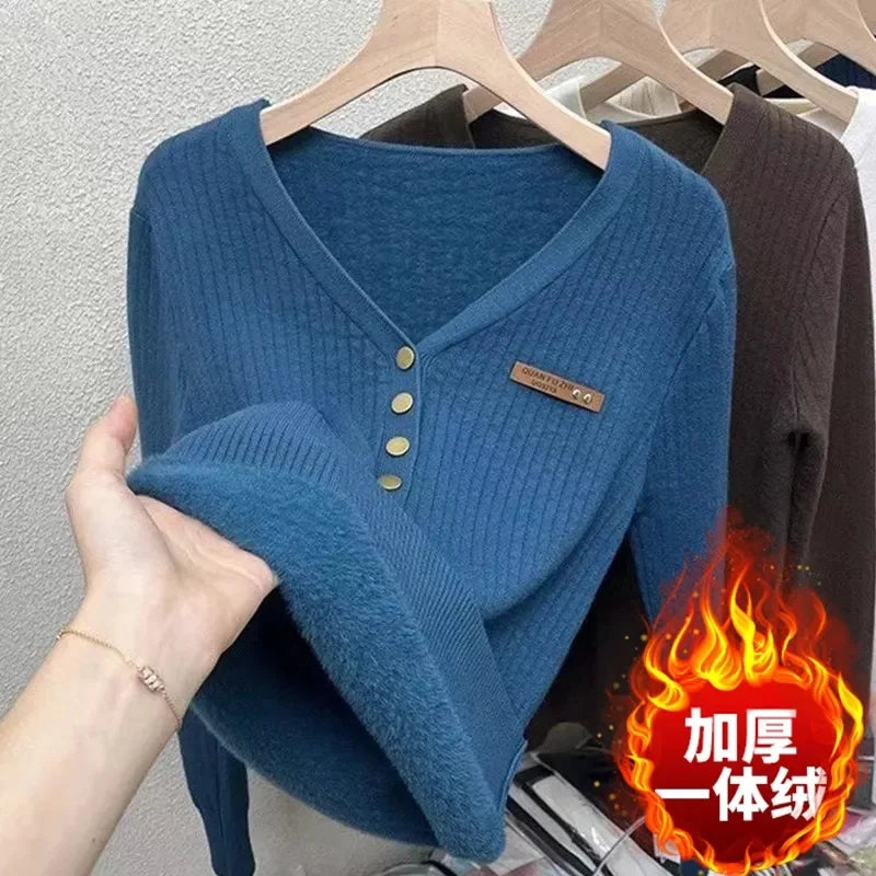2024 Thicken Velvet V-neck Sweater Women Korean Fashion Lined Warm Sueter Knitted Pullover Slim Top Winter Jersey Knitwear Jumpe