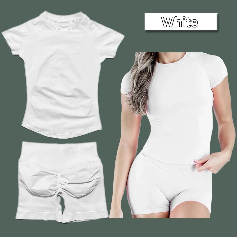 2 Pieces Sports Sets Short Sleeve Seamless Yoga Top Fitness Set Women Workout Running Sports Shorts Gym Suit