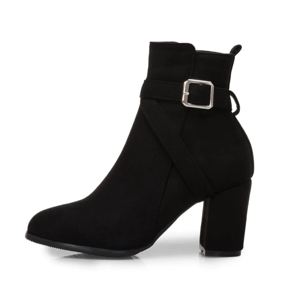 Women High Heels Ankle Boots 2025 Round Toe Elegant Short Booties Ladies Ankle Boots Buckle Decoration Black Blue Autumn Winter