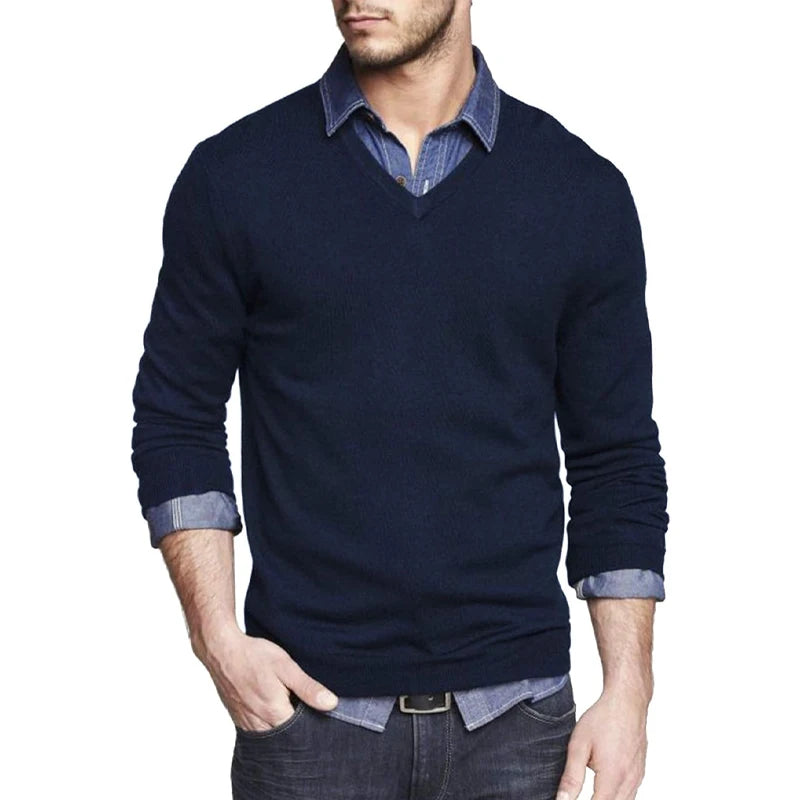 Men's Long Sleeve V Neck Pullover Sweater Slim Fit Knit Sweaters Lightweight Dress Casual Sweater Business Solid Color Outwear