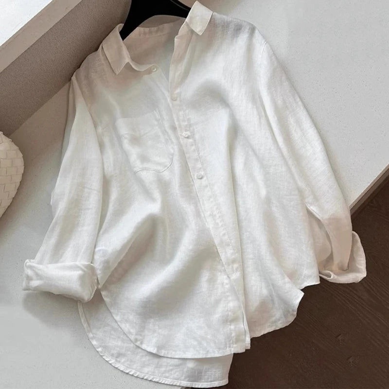 Women Minimalist Loose Tops Fashion Summer Thin Cotton Linen White Shirt Long Sleeve Blouse Solid Turn-down Collar Easy Wear