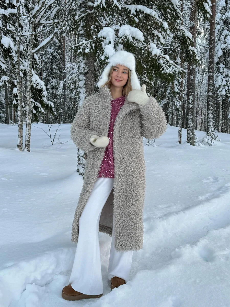 Gray Wool Faux Fur Shearling Long Coat for Women Winter 2025 Winter Fashion Trendy Teddy Maxi Coat Monki Curly Clean Fit Outwear