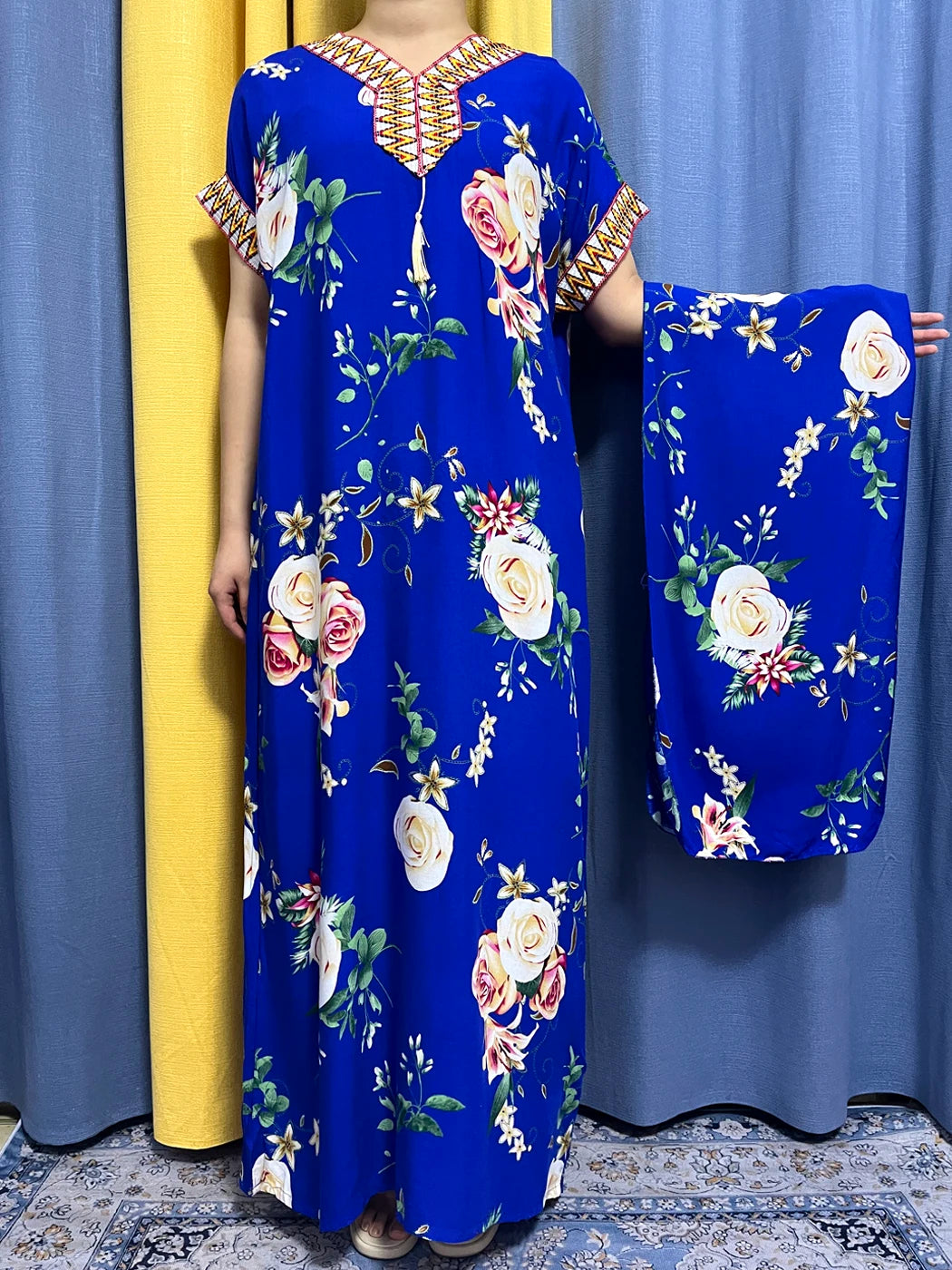 Abayas For Women 2023 Dubai Fashion Printed Flower Cotton V-neck Slim Fit Short Femme Robe African Woman Dresses With Headscarf