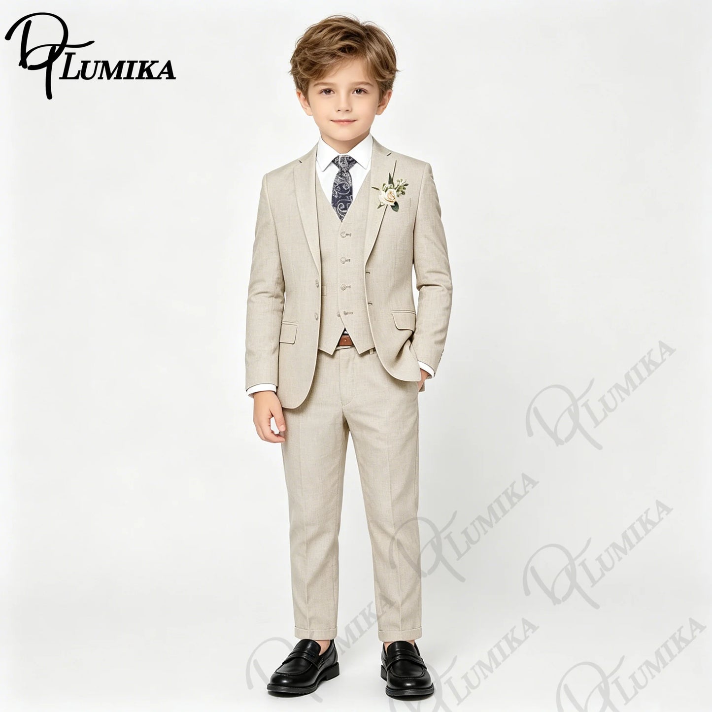 Handsome Linen Boys Suit 4-Piece Set with Floral Bow Tie 2026 Classic Formal Blazer Vest Pants for Ring Bearer Wedding Party