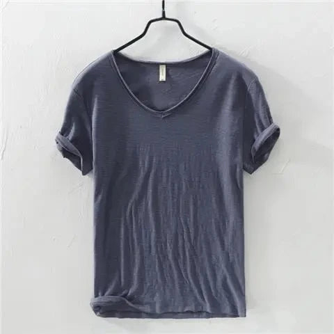 2023 Summer New 100% Cotton White T-shirt Male V-neck Solid Color Casual T Shirt Basic Tees Plus Size 3XL Short Sleeve Tops
