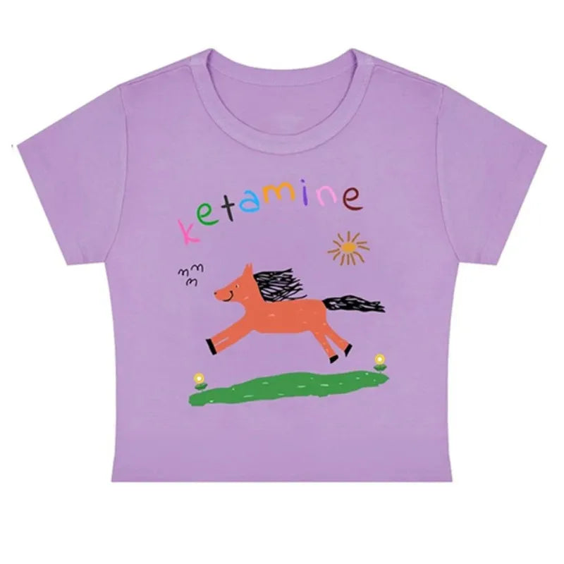 Summer new casual short-sleeve cute pony print Slim Blouse t-shirt kawaii crop top baby tee shirt vintage y2k clothes streetwear