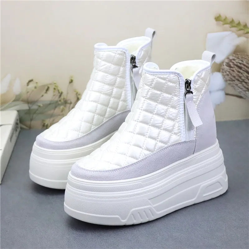 12cm Winter Leather Silver Women Snow Boots Thick Sole Waterproof Warm Platform Boots Women Plush Mid-calf Boots Increases Heigh