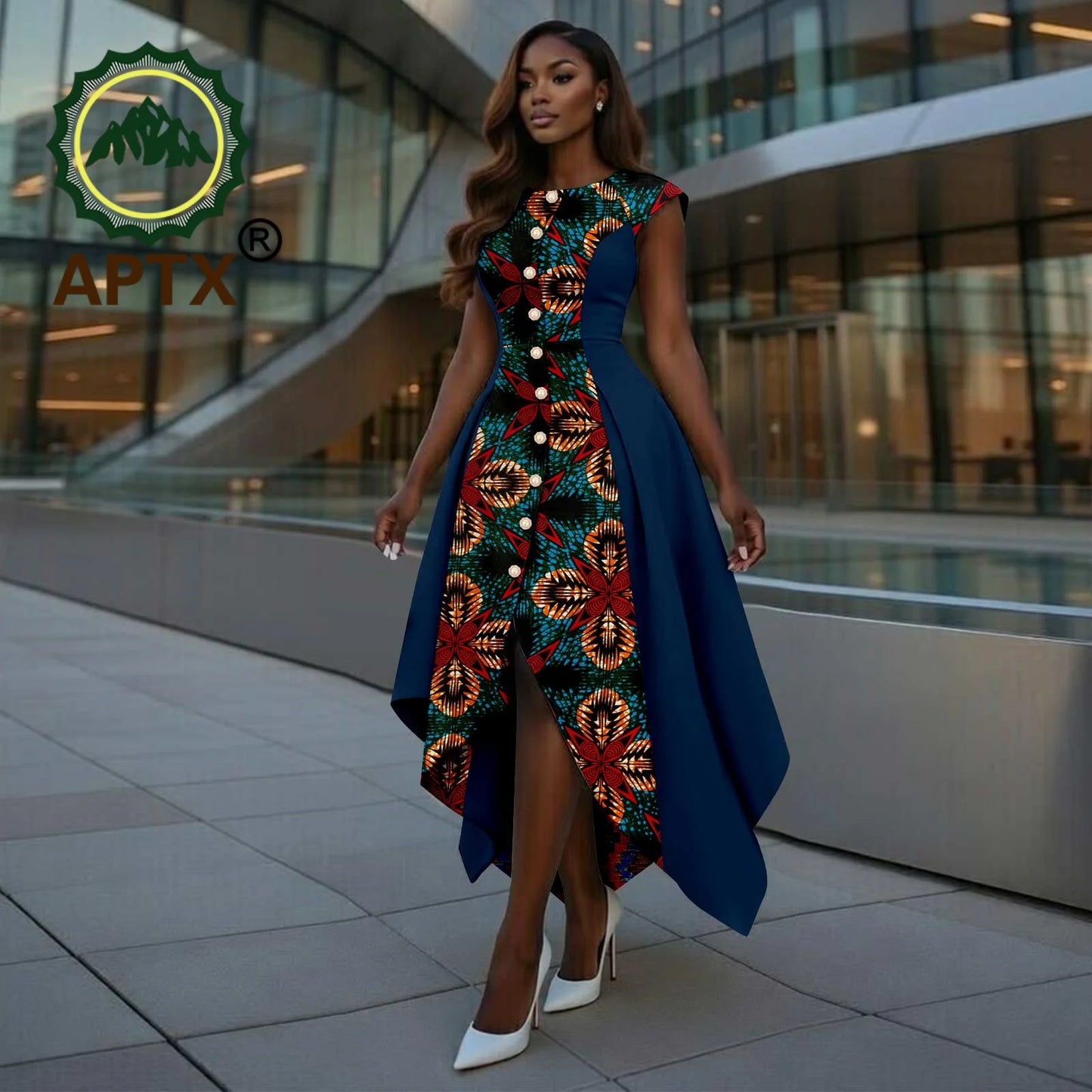 African Dress for Women Ankara Print O-Neck Short sleeve Ankle-Length Patchwork Asymmetrical Dress Dashiki Casual Party