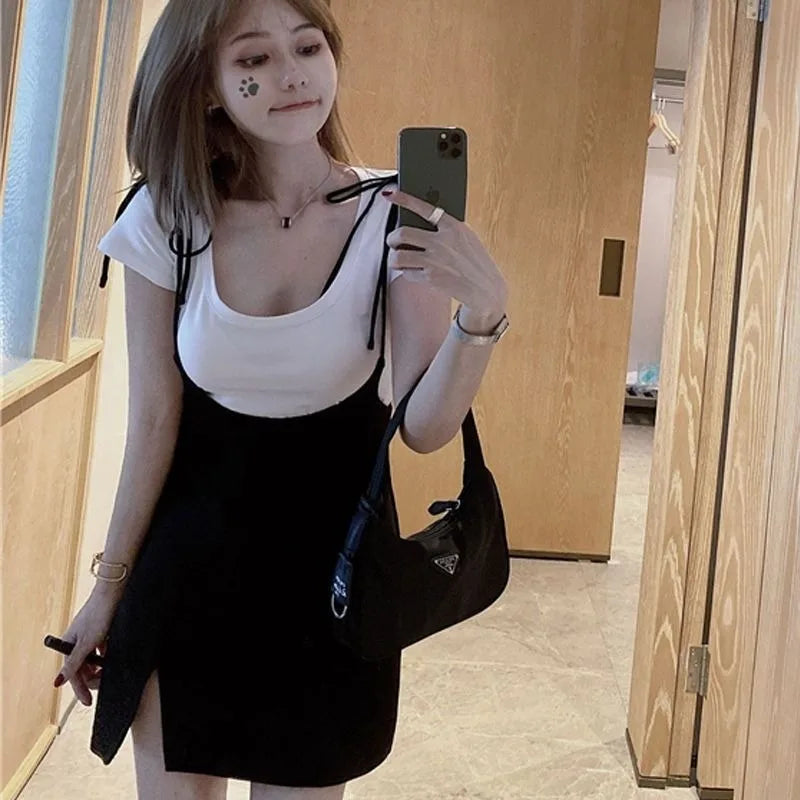 Women's 2-Piece Dress Set - Slim Fit Short Sleeve Top with Suspender Mini Skirt