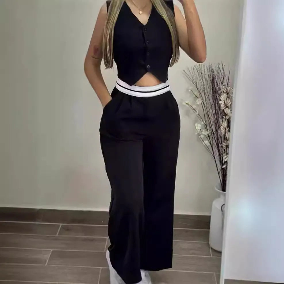 Women's Sexy Black 2 Piece Sets Fashion Hot Girls Wear Contrasting Color V-neck Waistcoat Wide-leg Trousers Casual Suits Women