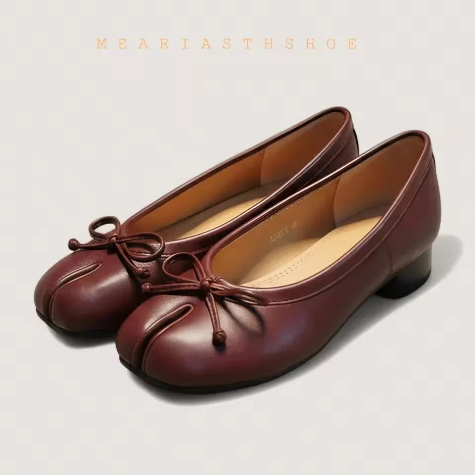 Slip-On Cylindrical Heel Tabi Pumps Bowknot Split Toe High Heels for Women Handmade Multi-Color Novelty Design Leather Shoes New