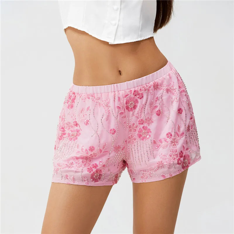 Hirigin Women Sequin Mini Shorts Y2K Low Rise Sparkle Floral Bead Embellished