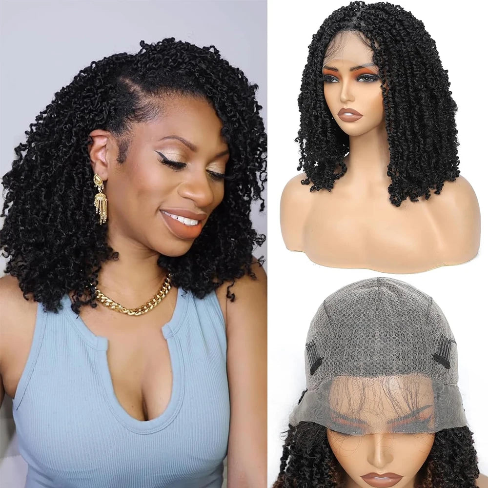 Synthetic Full Lace Front Braid Wig 14inch Curly Faux Locs Black Color Large Parting Space Twist Dreadlock Wigs for Black Women