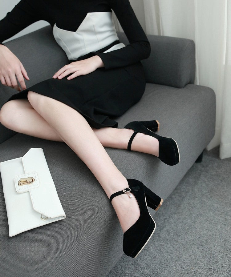 Women Pumps Ankle Strap Red Bridal Wedding Party Platform Dress High Heel Shoes Suede Ladies Black Office Shoes 32-43