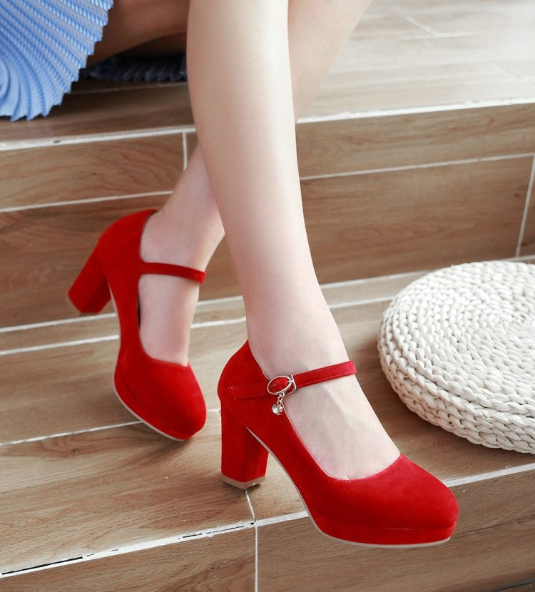 Women Pumps Ankle Strap Red Bridal Wedding Party Platform Dress High Heel Shoes Suede Ladies Black Office Shoes 32-43
