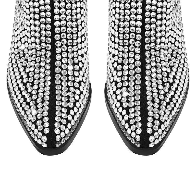 Onlymaker Pointed Toe Rhinestone Ankle Boots Glitter Bling Shiny Super Pretty Gorgeous Artificial Diamond Westen Cowgirl  Boots