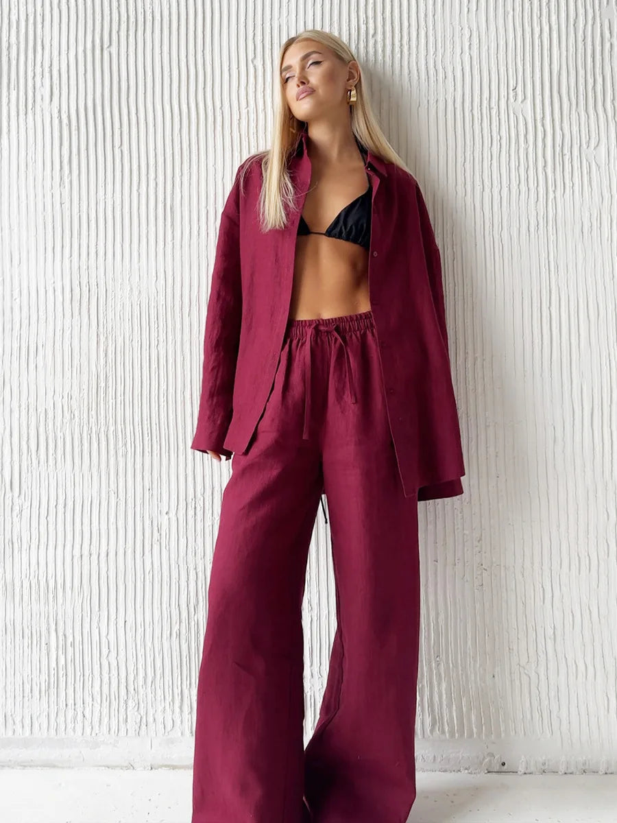 Women Long Sleeve T Shirts Wide Leg Pants Suit Single Breasted Blouses Elastic Waist Trousers 2 Piece Sets Solid Elegant Outfits