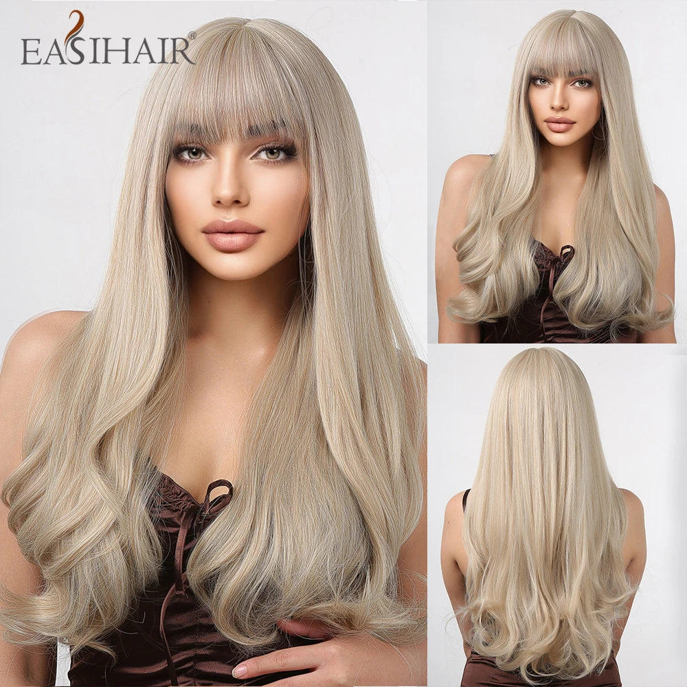 EASIHAIR Dark Brown Long Curly Synthetic Wig with Bangs Brown Women's Wigs for Cosplay Daily Use Heat Resistant Natural Hair
