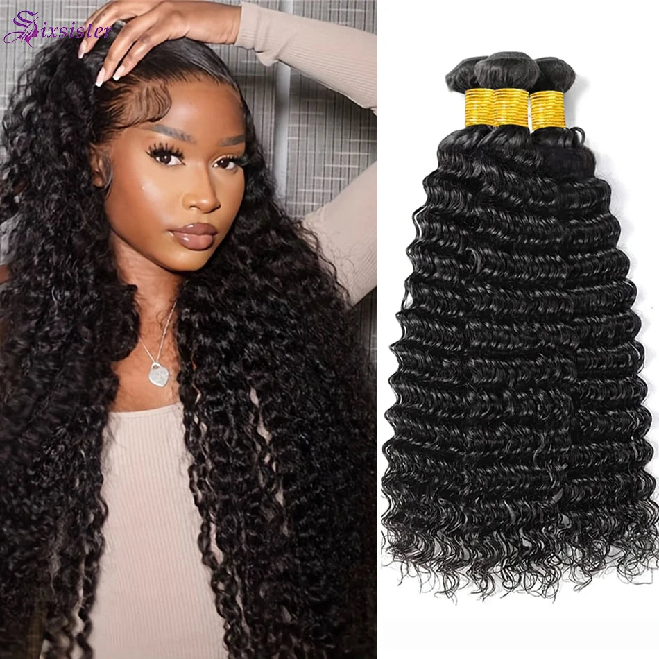 Natural Deep Wave Human Hair Bundles 100% Brazilian Virgin Hair 3 Bundles Curly Hair Extensions Wet and Wavy 3 Bundles Deep Wave