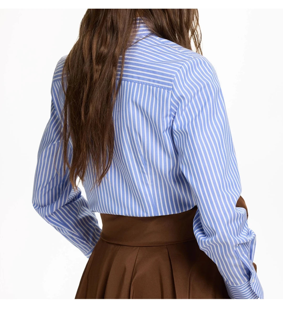 CH Women's casual cotton blouse with stripes and embroidered collar-long-sleeved streetwear, simple office top.