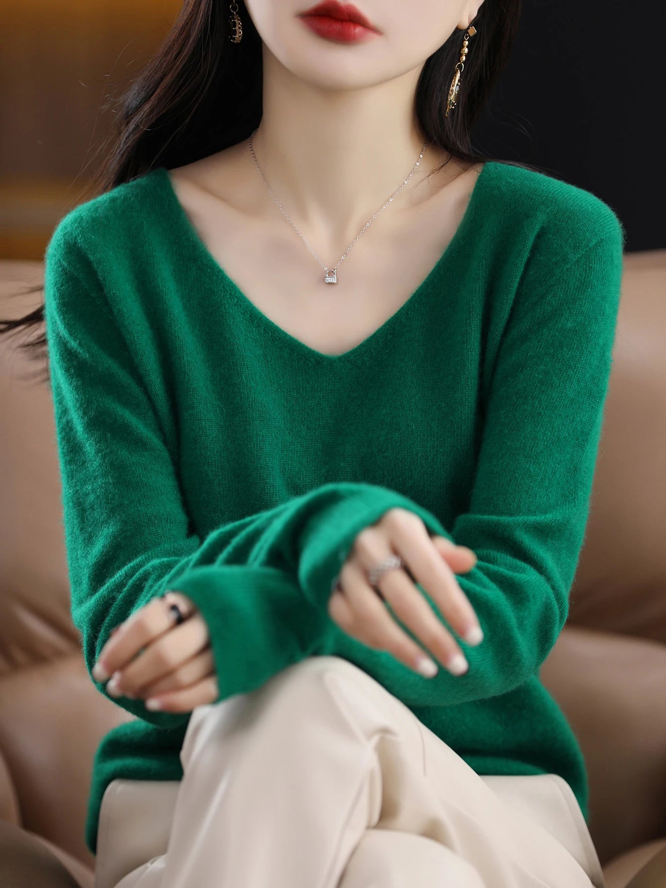 Women 100 Percent Merino Wool V Neck Sweater Fall Winter Warm Pullover