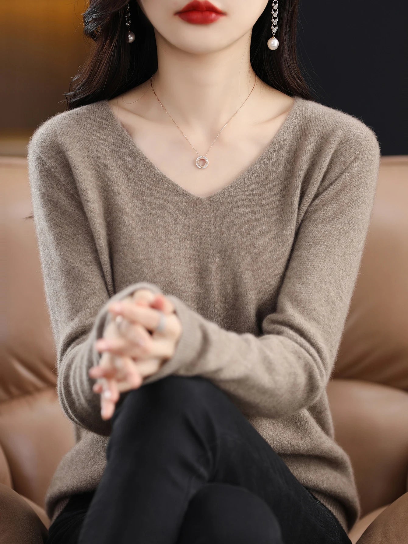Women 100 Percent Merino Wool V Neck Sweater Fall Winter Warm Pullover
