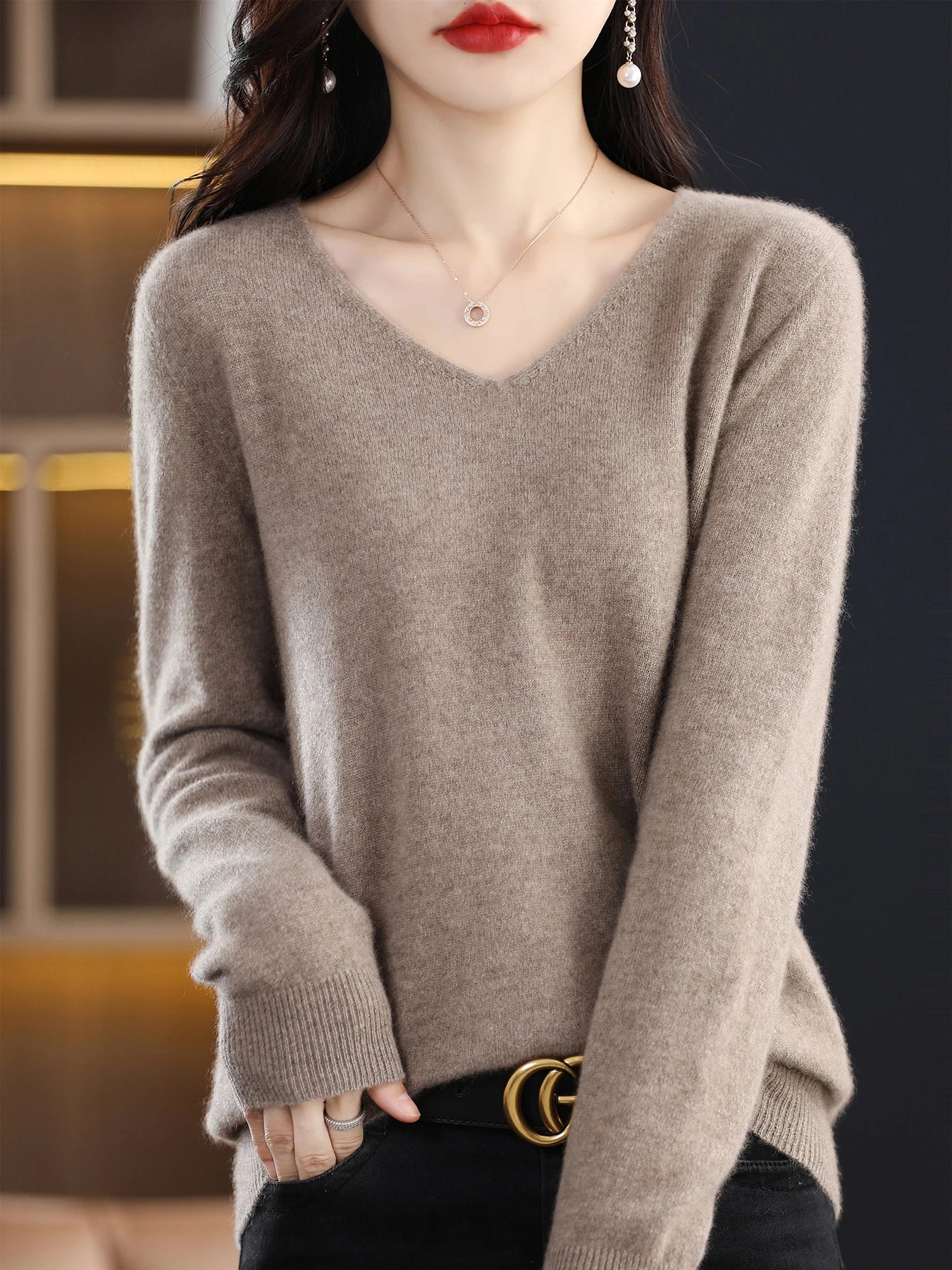 Women 100 Percent Merino Wool V Neck Sweater Fall Winter Warm Pullover