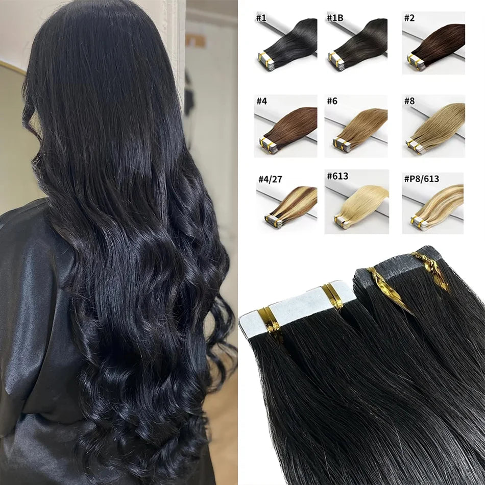 Tape In Hair Extensions Remy 100 Human Hair Straight Seamless Skin Weft Tape Hair Extensions Natural Black Hair For Women