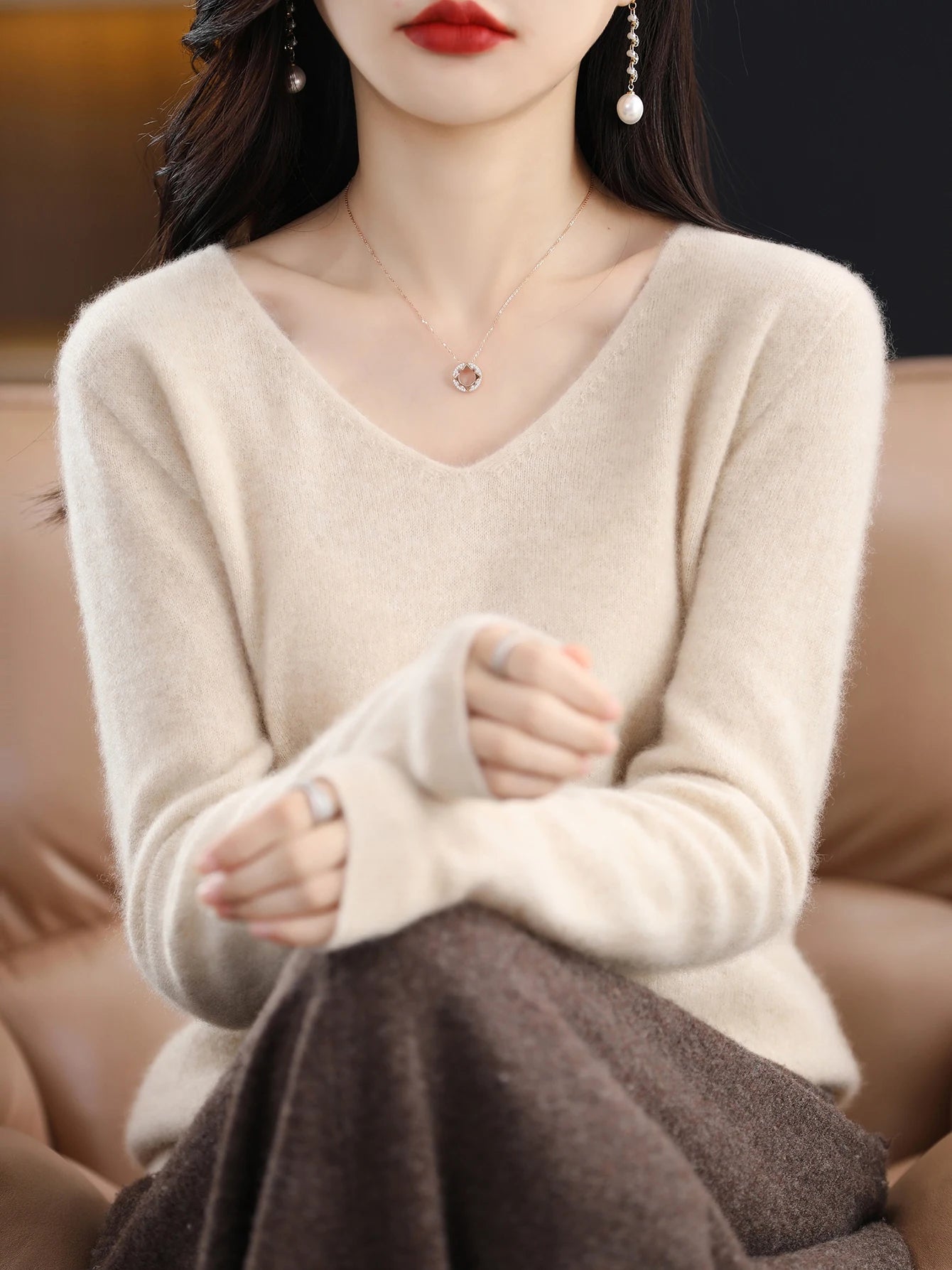 Women 100 Percent Merino Wool V Neck Sweater Fall Winter Warm Pullover