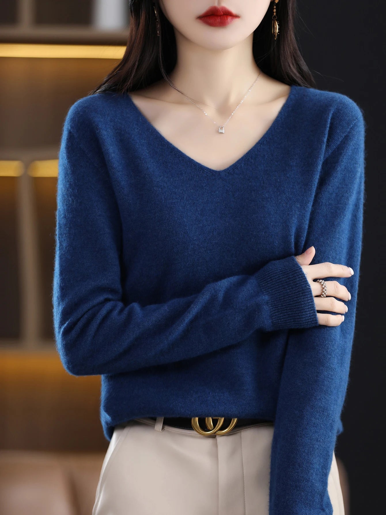 Women 100 Percent Merino Wool V Neck Sweater Fall Winter Warm Pullover