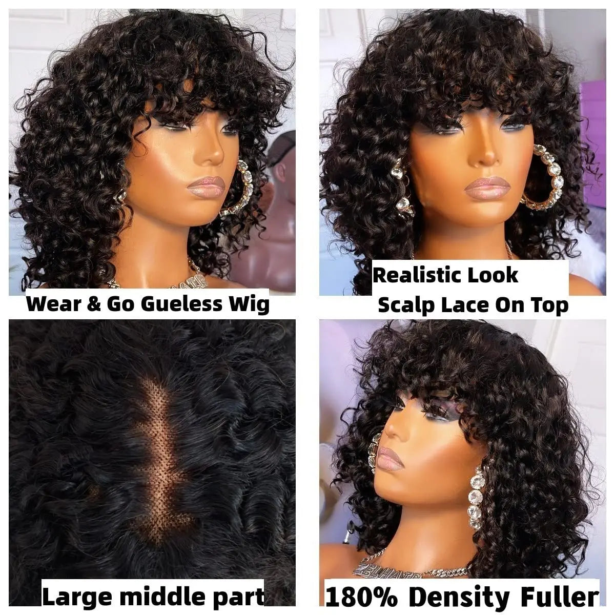 Fake Scalp Curly Wig With Bangs 180% Density Glueless Kinky Curly Brazilian Virgin Human Hair Lace Wigs with Bangs Natural Black
